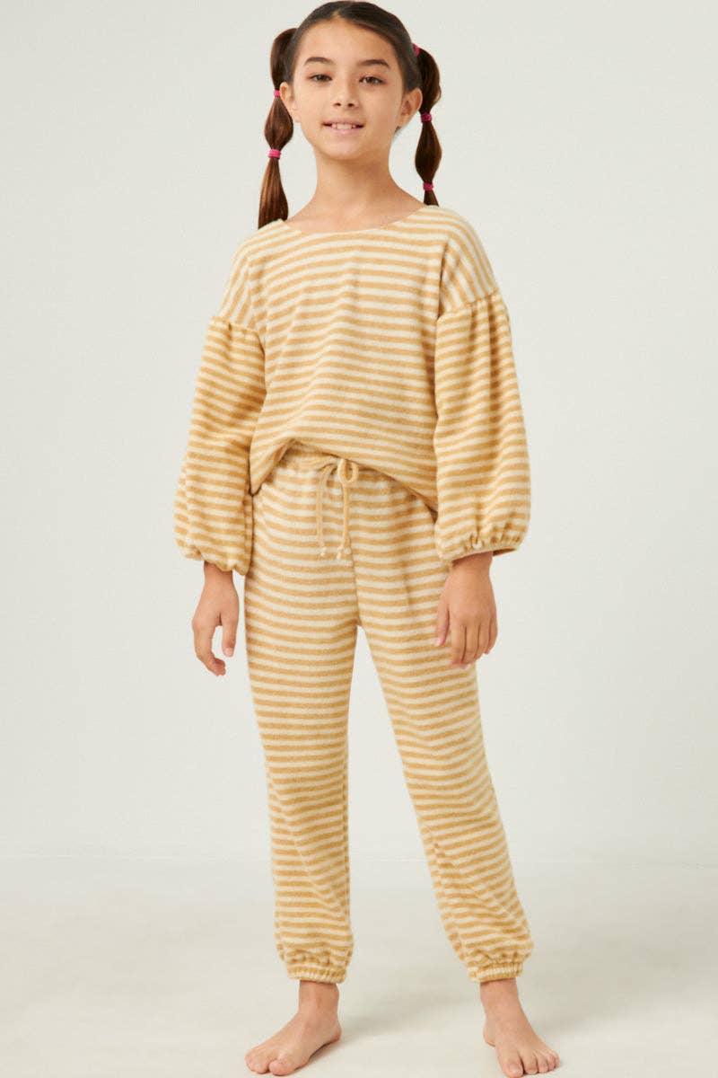 Girls Brushed Stripe Puff Sleeve Knit Top : Olive