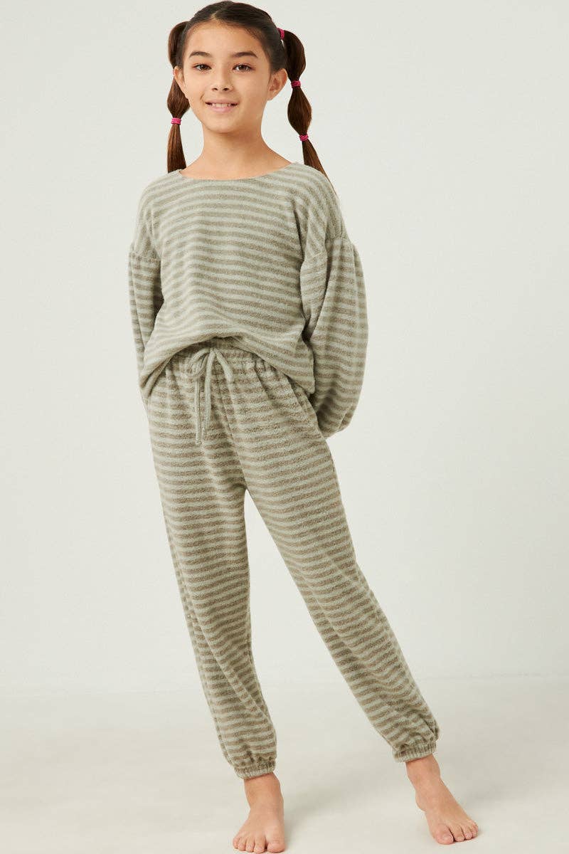 Girls Brushed Stripe Puff Sleeve Knit Top : Olive
