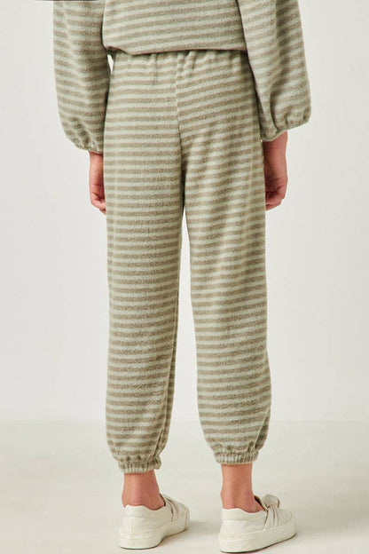 Girls Drawstring Waist Brushed Striped Jogger:Olive