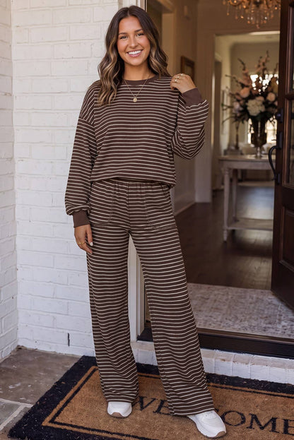 LAS Cozy Striped Crew Neck Pocketed Pants Set Brown Stripe